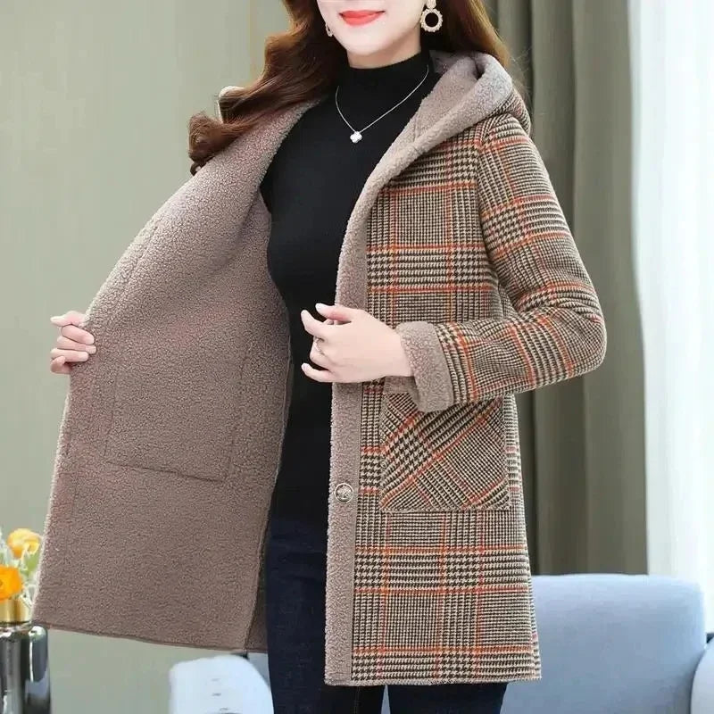 Add Velvet Plaid Coat Female Tops Middle Aged Women's Mid-Length Cotton-Padded Jackets Winter Hooded Warm Cold-Proof Overcoat