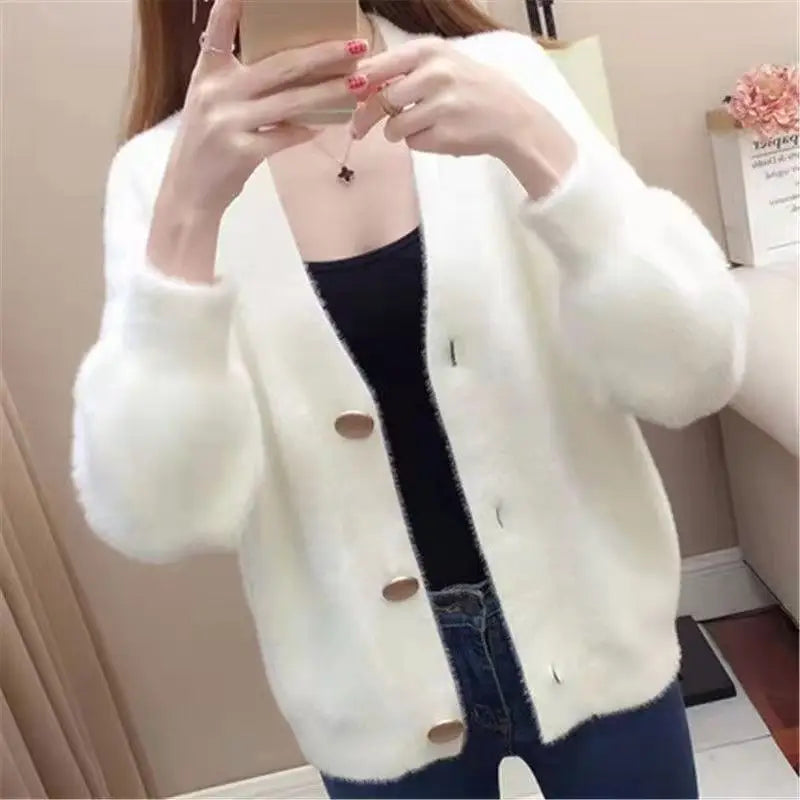 Spring New Plush Cardigan Jacket for Women's Knitted Loose Korean Version Lazy Style Top Short Sweater for Women