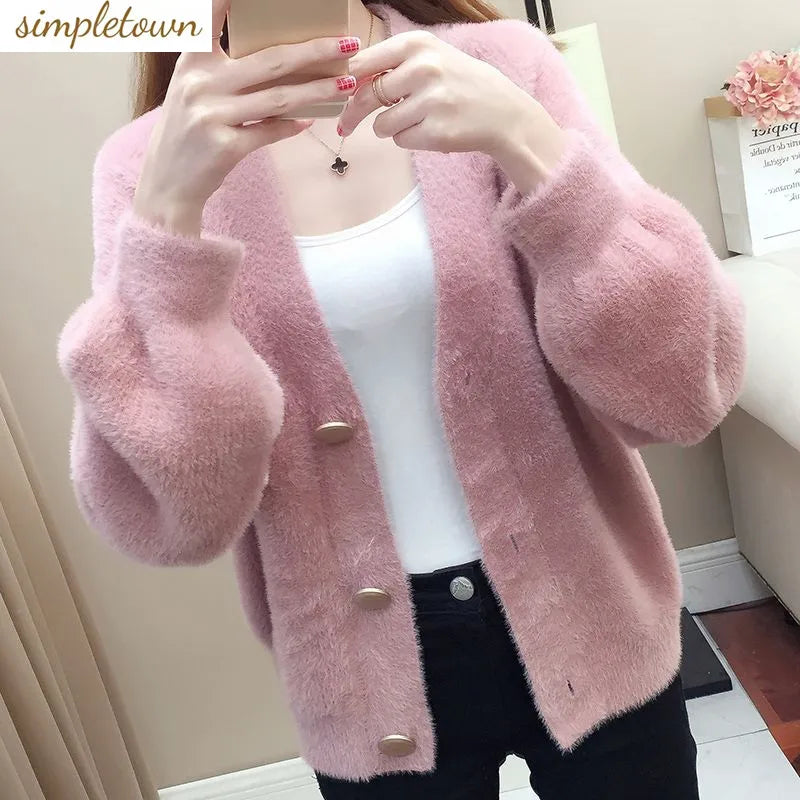 Spring New Plush Cardigan Jacket for Women's Knitted Loose Korean Version Lazy Style Top Short Sweater for Women