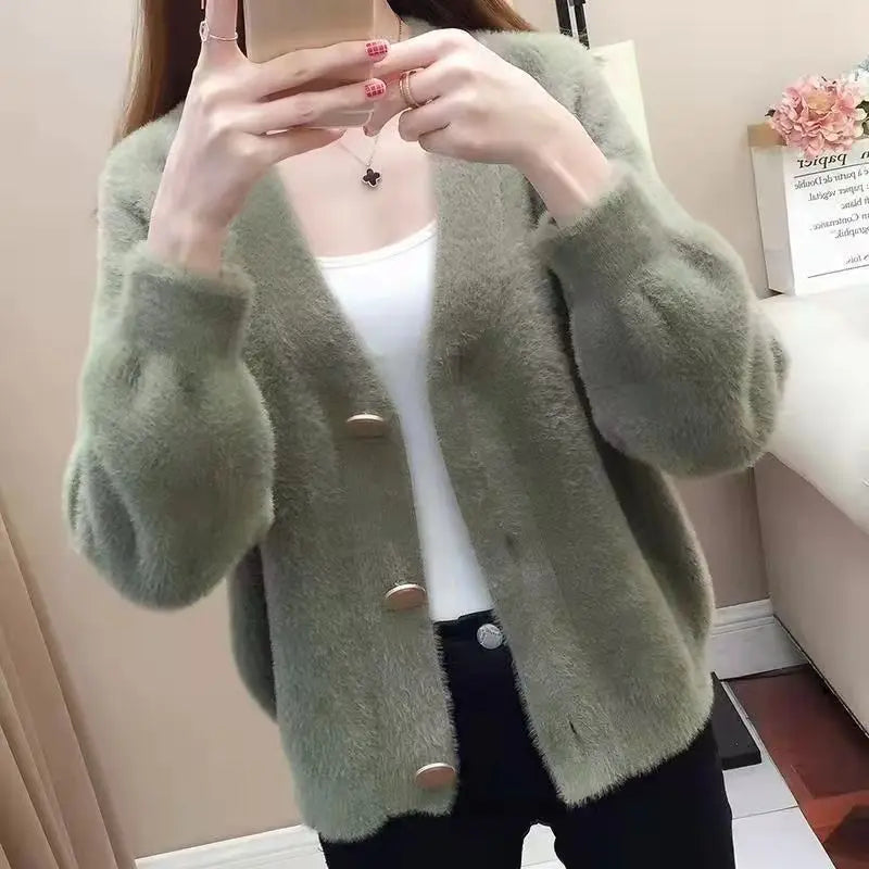 Spring New Plush Cardigan Jacket for Women's Knitted Loose Korean Version Lazy Style Top Short Sweater for Women