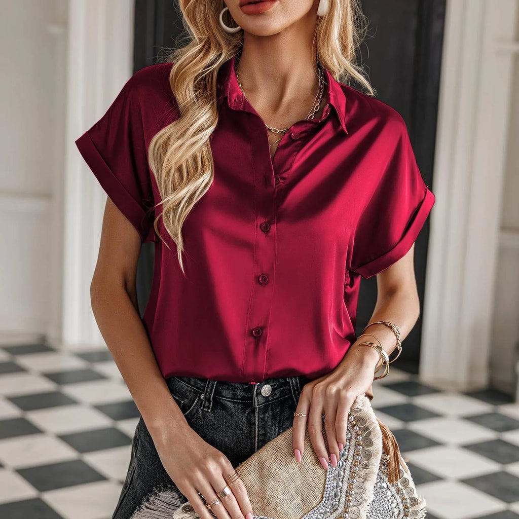 Summer Satin Silk Shirts Loose Fashion Women Short Sleeve Tops Mujer Buttons Office Lady Blouses Women's Clothing Elegant Tee