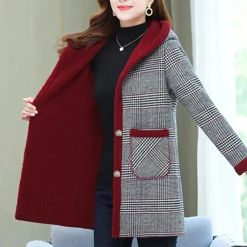 Add Velvet Plaid Coat Female Tops Middle Aged Women's Mid-Length Cotton-Padded Jackets Winter Hooded Warm Cold-Proof Overcoat