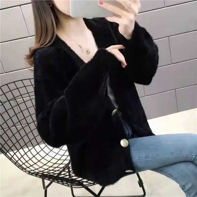 Spring New Plush Cardigan Jacket for Women's Knitted Loose Korean Version Lazy Style Top Short Sweater for Women