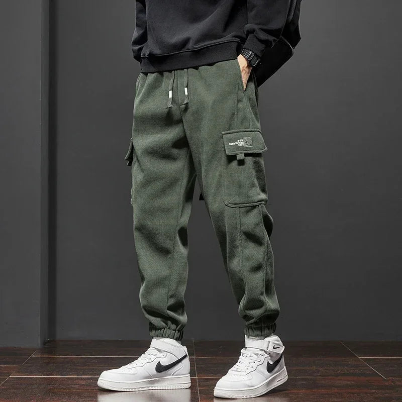 Men's Corduroy Harem Cargo Pants Elastic Waist Casual Joggers Sweatpants Spring Autumn Armygreen Gray Black Trousers Streetwear